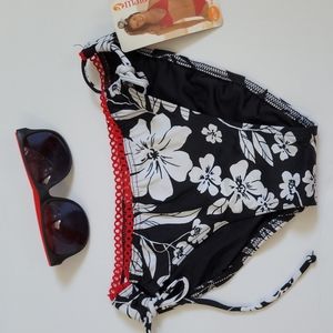 Maia Black White Floral Adjustable Loop Ties Swimsuit Separates Bottom XS 4/25